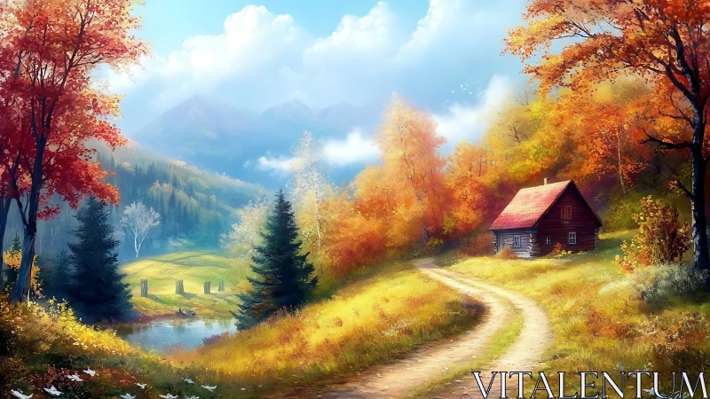 Golden autumn cabin welcomes calm beside a winding path