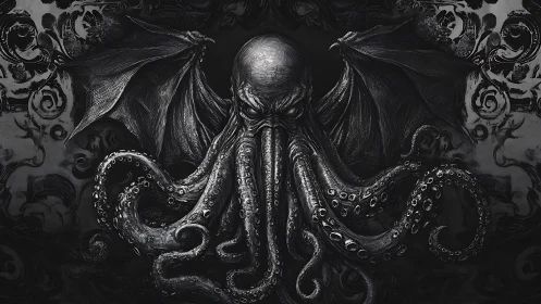 Eldritch cephalopod god spreads wings in shadowed void.