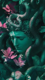 Mythic stone face entwined with snakes and flowers.