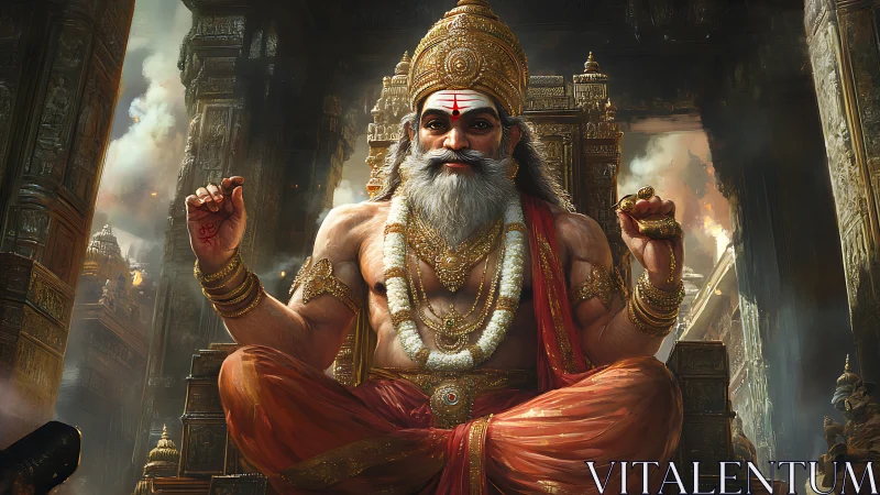 Seated bearded deity in ornate temple interior environment.