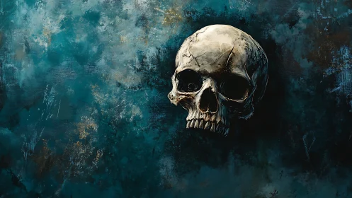 Weathered human skull over dark teal abstract field.
