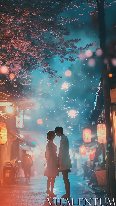 Couple standing under cherry blossoms on neon night street.
