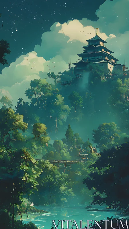 Tranquil hilltop temple watching over a dreamy forest lake.