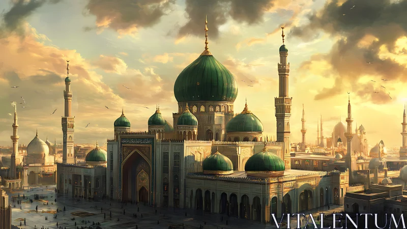 Golden sunset illuminates grand emerald-domed mosque complex.