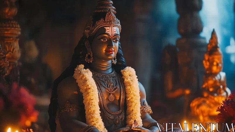 Sacred Shiva idol glows in warm temple candlelight.