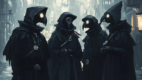 Four plague doctor figures in hooded cloaks on misty street.