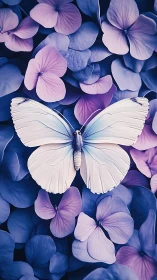 White butterfly centered on violet and blue hydrangea petals.