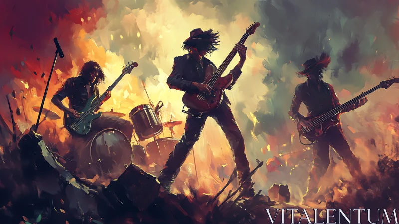 Dynamic rock trio in high-energy chromatic combustion stage scene.