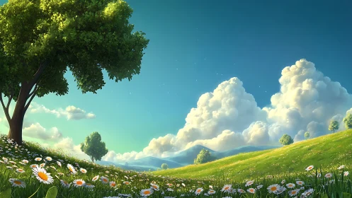 Sunny hillside meadow with daisies and distant clouds.