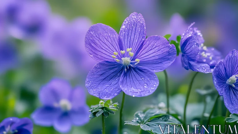 Purple Linum Flowers with Dew Drops in Soft Garden Light.