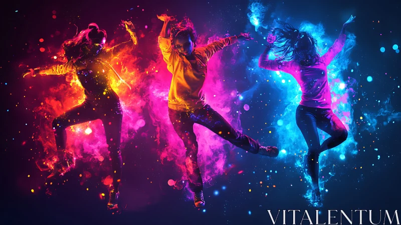 Three dancers leap through neon particle clouds in motion
