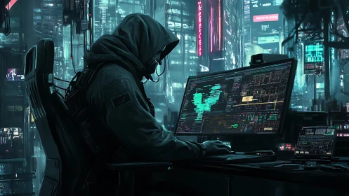 Midnight code sorcerer bends neon city data streams