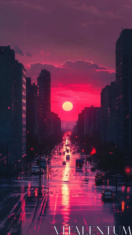 Neon dusk river down a rain-slicked cyber city avenue.