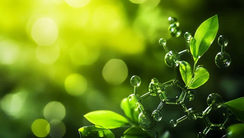 Green plant leaves fused with transparent molecular structure.