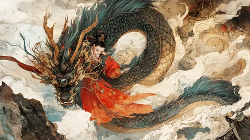 Imperial rider entwined with storm-swept celestial dragon.