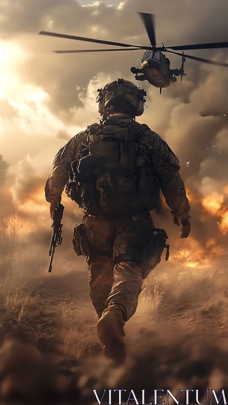 Sunlit soldier walking toward the roar of the helicopter.