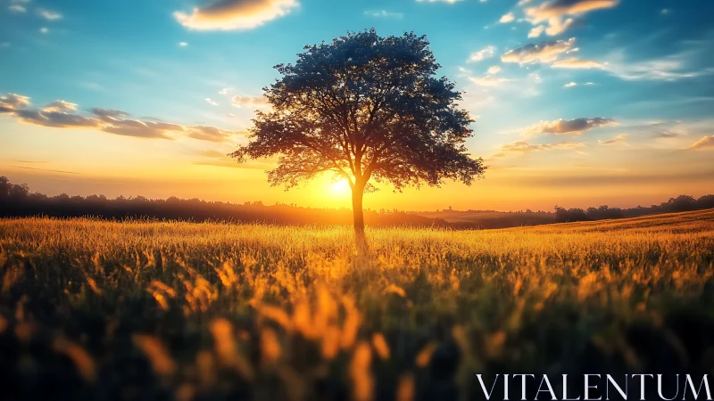 Solitary sunset tree crowned in fields of molten gold.
