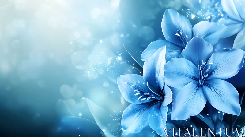 Blue Lilies with Luminescent Particles Against Gradient Background