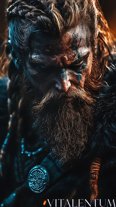 Rendered warrior portrait shows detailed braided hair and beard