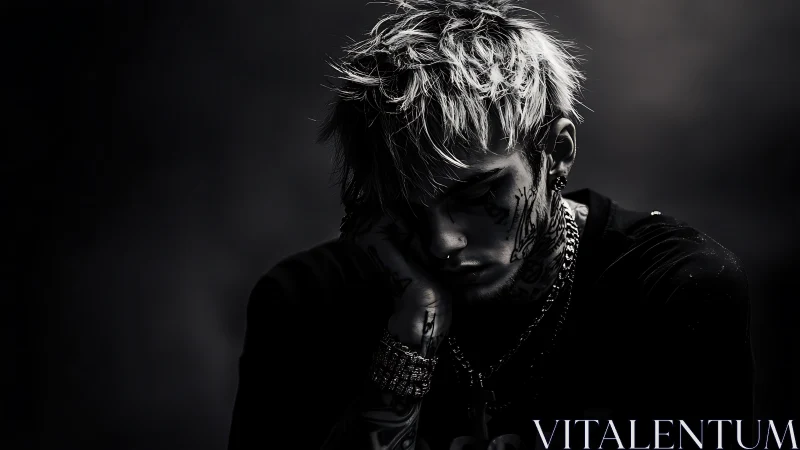 Moody portrait of tattooed man in dramatic low key lighting.