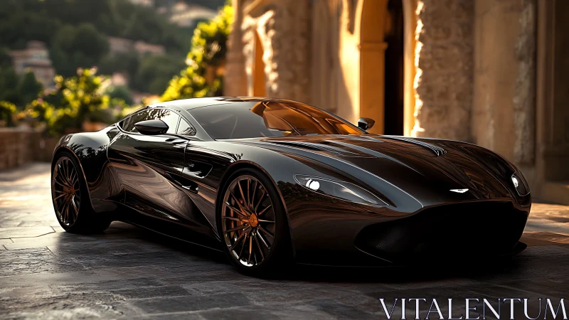 Black luxury sports car parked by sunlit stone villa.