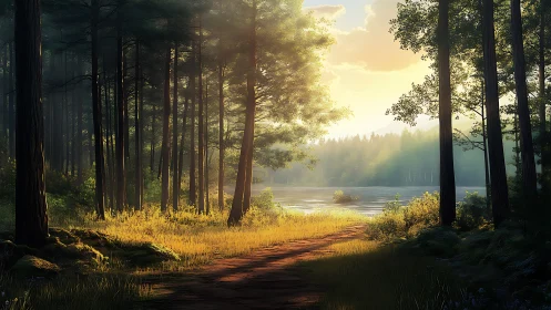Forest Path Converges Toward Lake at Golden Hour