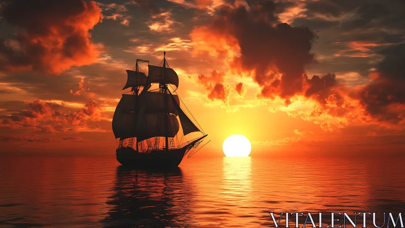 Tall ship sails into blazing ocean sunset horizon.