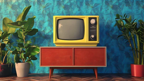 Vintage yellow television on cabinet with indoor plants.