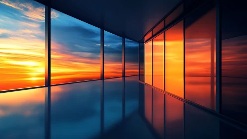 Sunset glass corridor with mirrored gradient reflections.
