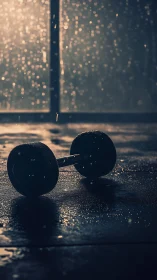 Low-key gym floor still life isolates wet dumbbell silhouette