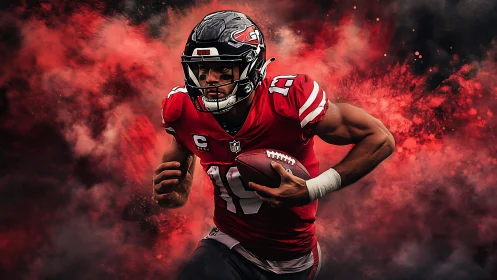 Dynamic football quarterback sprints through fiery red clouds.