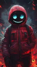 Smiling ember wanderer strolls through a digital inferno night