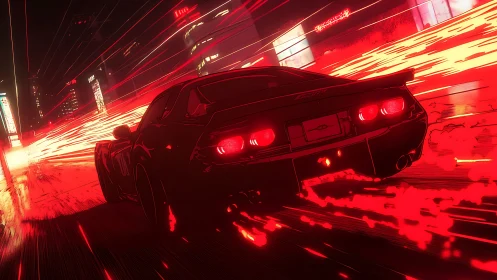 Sports car on neon city street with red motion trails.