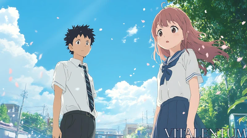 Two anime students stand outdoors under bright blue sky