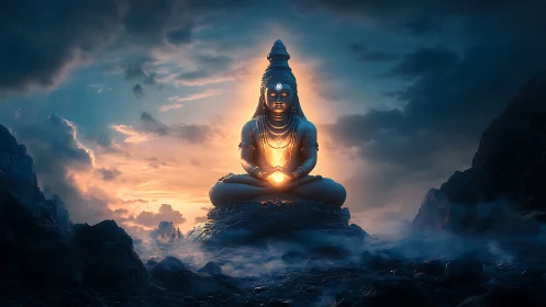 Serene mountain deity glowing softly in a misty twilight sky.