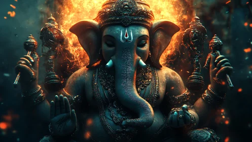 Flaming divine Ganesha idol in dramatic cinematic lighting.