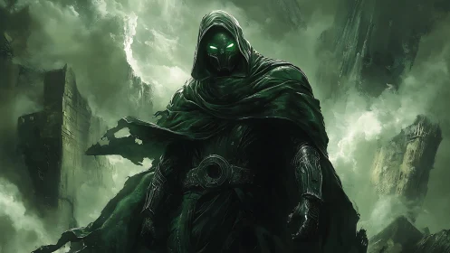 Emerald Wraith Overlord stalking ruins in stormborn fog.