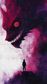 Silhouetted figure confronting giant red demonic beast.