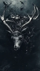 Nocturnal stag emergence with corvids in monochrome dispersion.