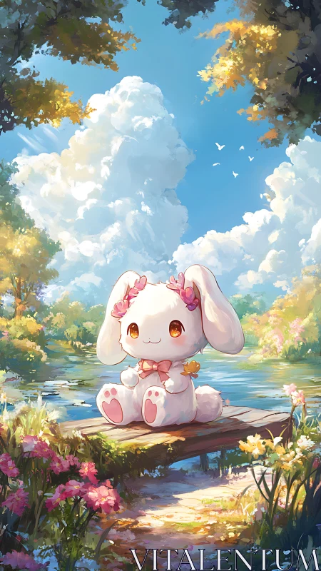 Gentle bunny enjoys a sunny flower-filled lakeside day