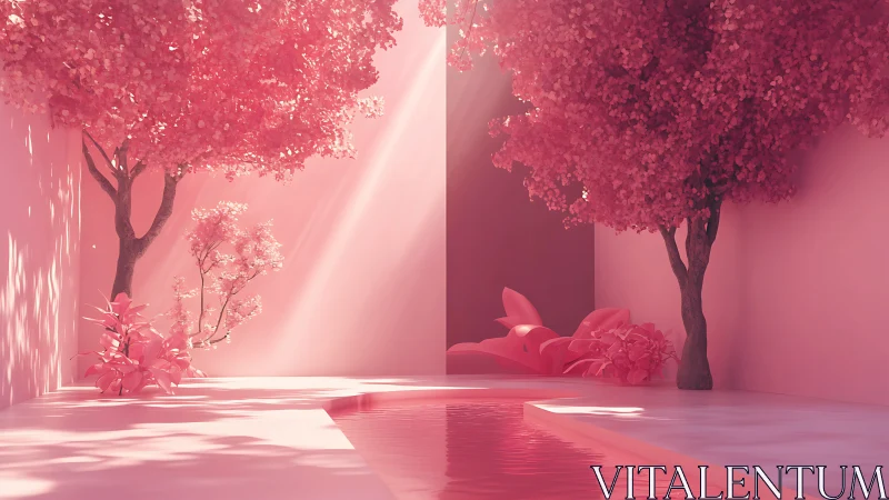 Cotton candy trees daydream above a quiet mirrored canal