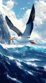 Albatross rides storm waves under luminous coastal sky.