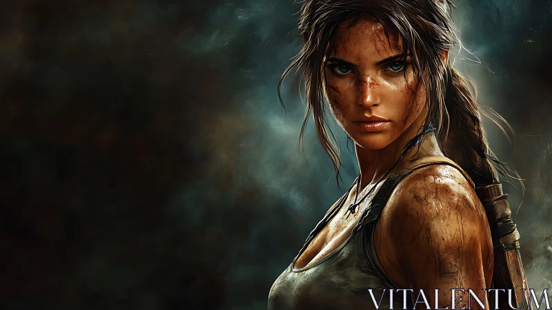 Battle-scarred jungle raider framed by stormy shadows.