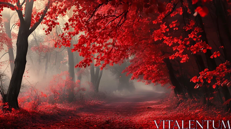 Digital painting of crimson forest path with atmospheric haze.