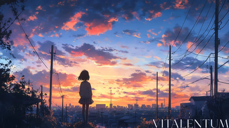 Backlit schoolgirl silhouette observing dense urban sunset sky