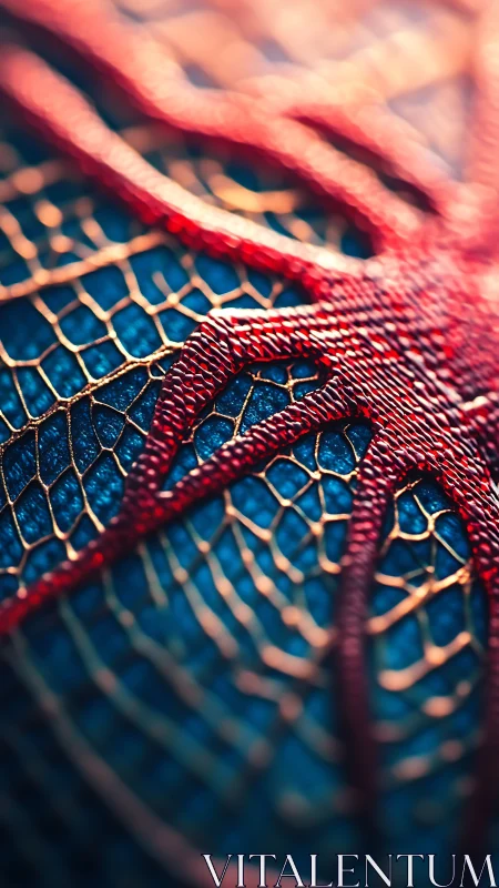 Macro view of red textured web motif on blue surface.