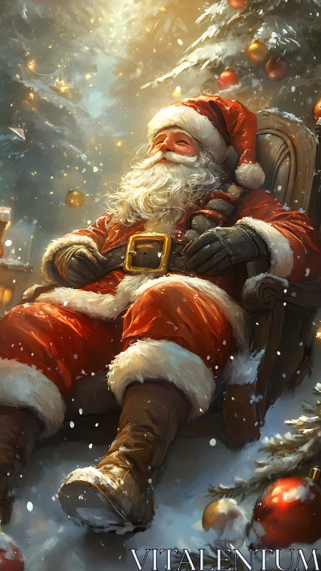 Santa’s quiet snowfall nap beneath glowing Christmas trees.