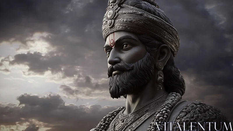 Regal warrior statue gazes ahead beneath a storm-lit sky