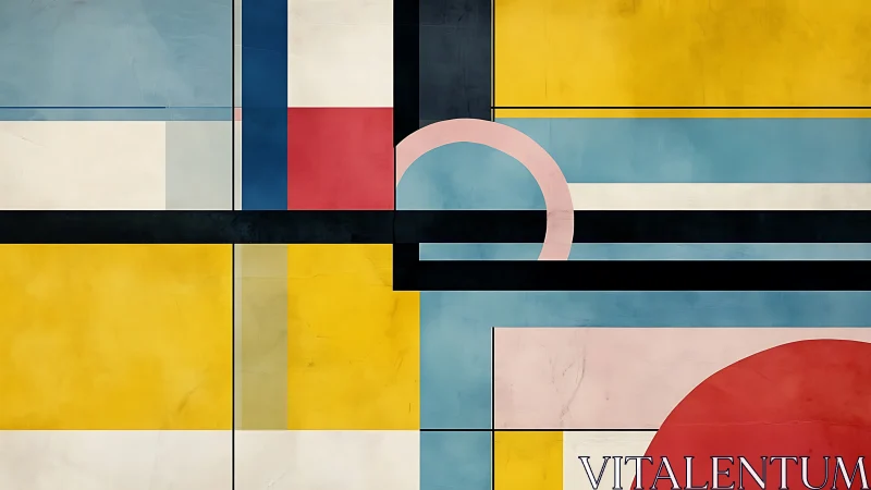 Geometric abstraction balances colored planes and arcs