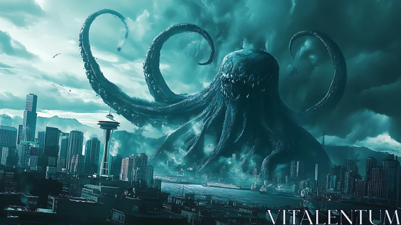Colossal sea monster looming over storm-darkened cityscape.